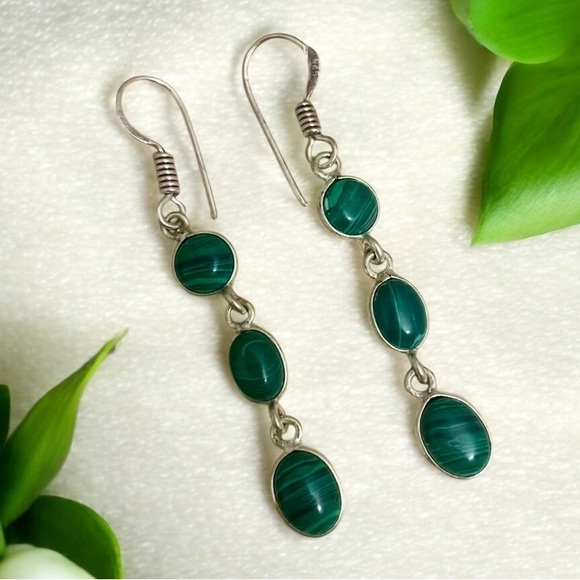 Malachite Silver Gemstone Earrings - Picture 2 of 4